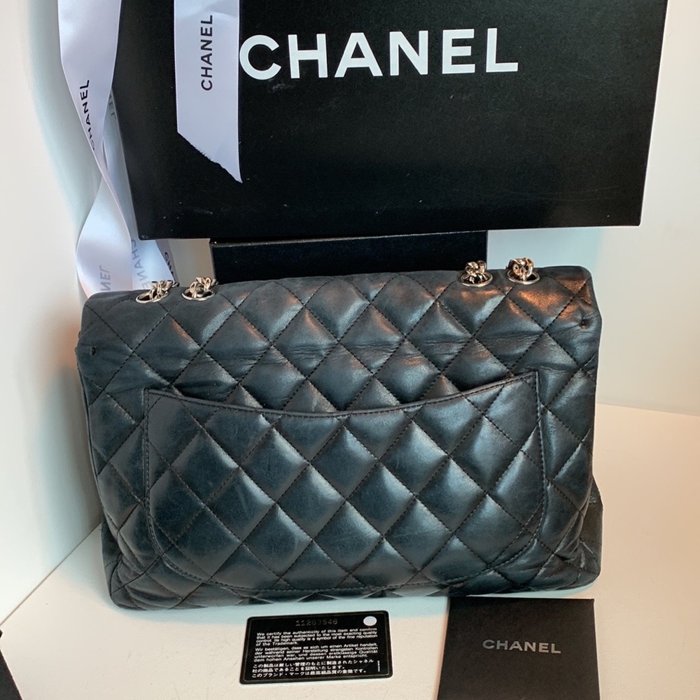 RARE🖤 CHANEL Modern Black Maxi Bijoux Chain Lamb Leather Quilted Flap Silver HW - Picture 6 of 16